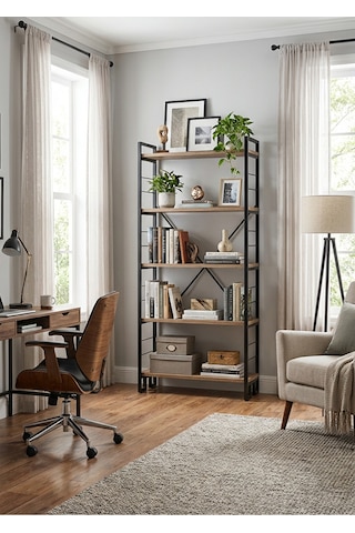 Modern 5 Katlı Kitaplık Ahşap Metal Raf Ünitesi Dekoratif Dar Ofis Salon 60x155x30 Cm Siyah