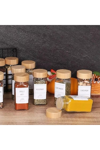 12&apos Li Bambu Ve Akasya Kapaklı Cam Baharatlık Seti 120 Ml - Doğal Ahşap Kapaklı, Şeffaf Cam, Sağlıklı Ve Şık Baharat Kavanozları Bambu Kapak Diğer