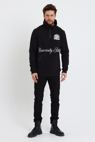 Polostate Erkek Dik Yaka 3 İplik Sweatshirt Siyah
