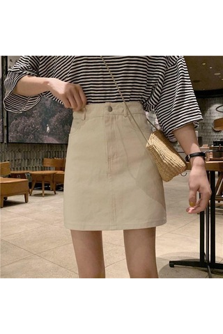 Kadın Etek Popüler Kot Etek Yüksek Bel Kore Kadınlar Için Diz Boyu Kısa Kot Etekler Kayısı