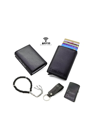 Kişiye Özel Mekanizmalı Erkek Kartlık Tesbih Çakmak Anahtarlık Siyah Set Renk-Hediye Paket Seçenek Erkek Cüzdan & Kartlık 23833044