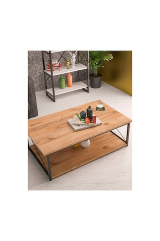 Ceviz Desenli Çift Raflı Orta Sehpa 90x50 Cm