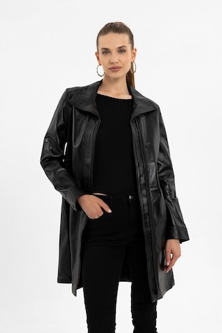 Siyah Hena Fermuarlı Geniş Kesim Uzun Kadın Hakiki Deri Kaban-siyah Siyah