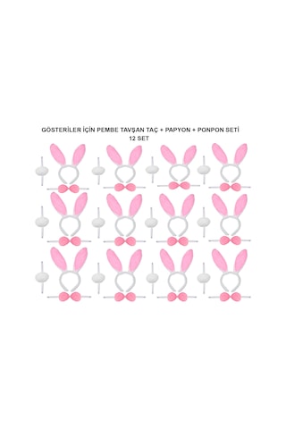 Kenpazar Pembe Tavşan Kostüm Seti Taç, Papyon, Ponpon 12 Li Paket