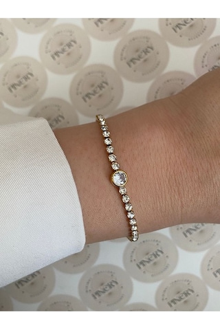 Pinery Jewels Oval Zirkon Taşlı Çelik Kararmaz Kelepçe Kadın Bileklik Altın