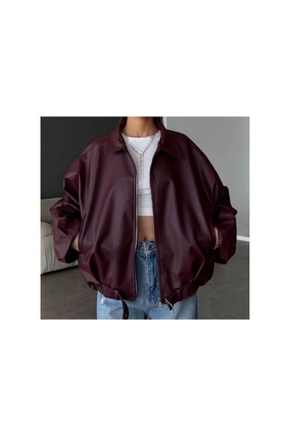 Karabulut Kadın Oversize Deri Ceket Oversize Fermuarlı Kemer Detaylı Günlük Kadın Ceket Bordo Bordo&burgundy Bordo&Burgundy