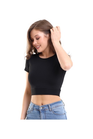 Winmoda34 Kadın Dalgıç Kumaş Crop Büstiyer Siyah Bisiklet Yaka siyah