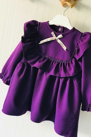 Fırfır Ve Kurdele Detaylı Mor Krep Kız Çocuk Bebek Elbise 001