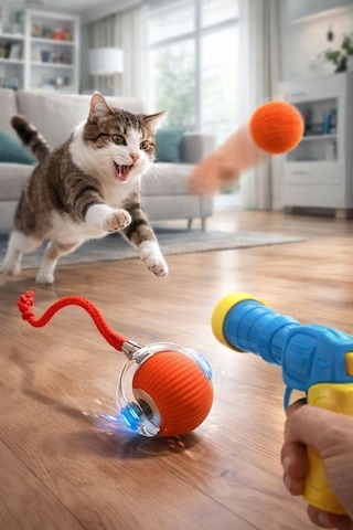 Ayrex Usb Şarjlı Akıllı Led İnteraktif Kedi Topu Ve Peluş Top Fırlatma Tabancası Seti, 20 Adet Peluş Toplu Kedi