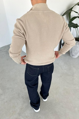 Taş Basic Fitilli Yarım Fermuarlı Relaxed Kazak Taş