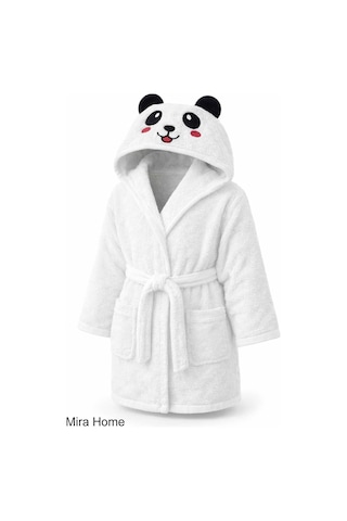 Sevimli Panda Nakışlı Beyaz Pamuklu Kapşonlu Çocuk Bornozu Renkli