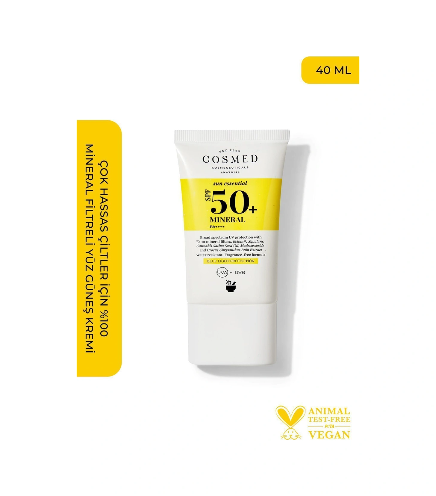 Cosmed Çok Hassas Ciltler için %100 Mineral Filtreli SPF50+ Yüz Güneş Kremi - Mineral SPF50+ - 40 ml