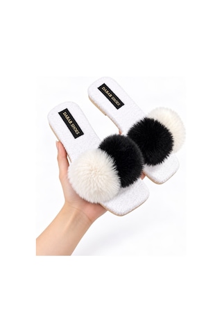 Dabab Shoes Pomella Kadın Beyaz Çift Ponponlu Peluş Bantlı Kaymaz Tabanlı Önü Açık Ev Terliği