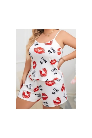 Lily Bianca Nightwear Desenli Askılı Ve Şortlu Büyük Beden Penye Gecelik Beyaz