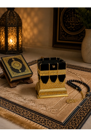 Kudüs Kâbe Biblosu Siyah Gold Kadife Detaylı Dekoratif Kâbe Maketi 15x15 Cm 01