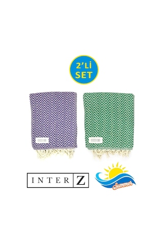 2li Set Peştemal Plaj Havlusu %100 Pamuk Xxl 100x180cm Marmaris Mor Yesil