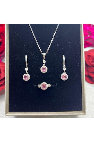 Pembe Yuvarlak Taşlı Kadın 3'lü Set 925 Ayar Gümüş Zirkon Taşlı Gümüş