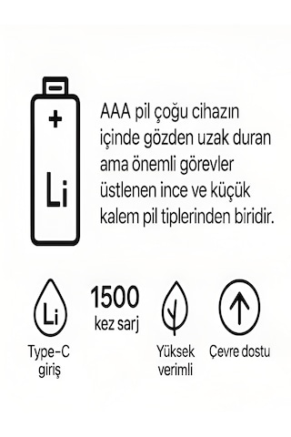 Type-c Şarjlı 800mwh 1.5v Şarj Edilebilir 2'li Aaa İnce Pil - Lityum İyon Batarya
