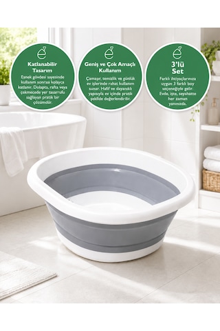 3 Lü Katlanabilir Çamaşır Leğeni Seti Çok Amaçlı Silikon Katlanır Leğen Yer Tasarruflu Banyo Temizlik Seti Gri
