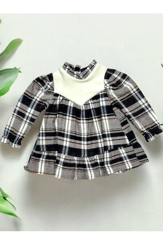 Çikoby Kız Bebek Yakası Peluş Detaylı Kare Desenli Elbise-14888 Çok Renkli