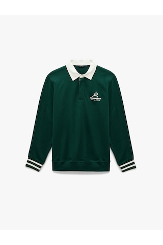 Koton Regular Fit Şardonlu Renk Kontrastlı Çizgili Polo Yaka Baskılı Sweatshirt Yeşil 6wam70163mk