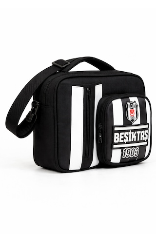 Beşiktaş Lisanslı Çubuklu Desen Rubber Logolu Su İtici Kumaşlı Beslenme Çantası Siyah - Beyaz