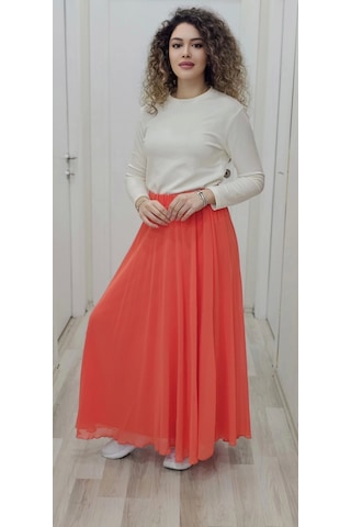 Bel Lastikli Kloş Şifon Etek 6003-turuncu Turuncu
