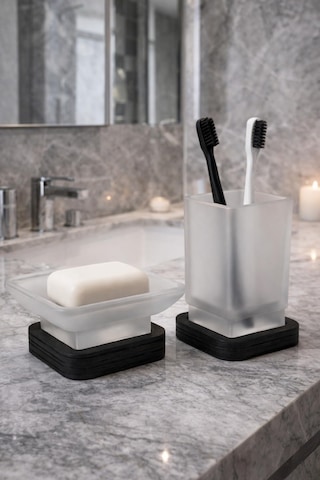 Cam 2 Li Banyo Seti Diş Fırçalık Sabunluk Beyaz