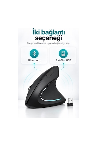 Sessiz Click Ergonomik Dikey Kablosuz Mouse Bluetooth 2.4ghz Usb Çift Cihaz Geçiş 800/1200/1600 Dpı Siyah 37294 - 935560823 Diğer