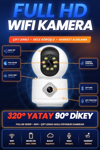 Homesmart Çift Lensli Wifi Güvenlik Kamerası Döner Başlıklı Renkli Gece Görüşlü Hareket Algılamalı İki Yönlü Sesli Akıllı Ev Kamerası
