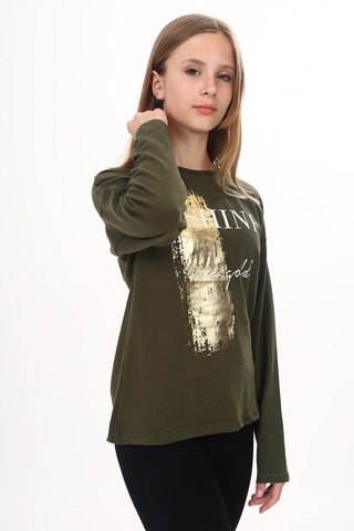 Toontoy Kız Çocuk Sweatshirt Shine Varak Baskılı Haki