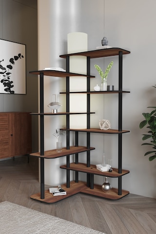 Cross Raflı Lambader Kitaplık Ceviz Siyah