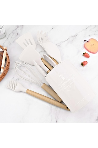 Novahub Beyaz Silikon Yapışmaz Mutfak Aletleri Seti, Tencere Spatula Kürek Yumurta Çırpıcı Ahşap Saplı Gıda Sınıfı Set Beyaz