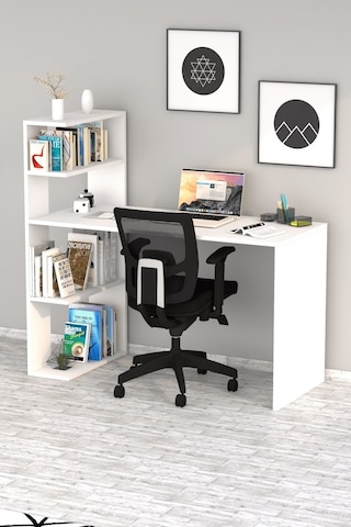 Moonlife Çınar Raflı Kitaplıklı Çalışma Masası Beyaz