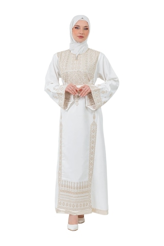 Zaytoon Filistin Nakışlı Modern Beyaz Kaftan Elbise - Geleneksel Şıklık Altın