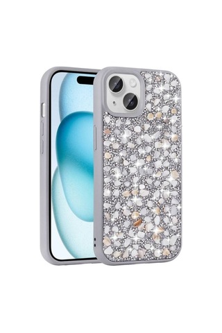Apple Uyumlu iPhone 15 Plus Kılıf Parlak Taşlı Tasarım Zore Linea Kapak Gümüş