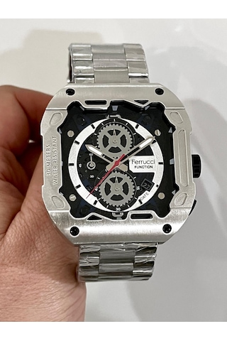 Ferrucci Kare Kadran Silver Renk Fonksiyonları Aktif Takvimli 45mm Kasa Çap Erkek Kol Saati Gümüş