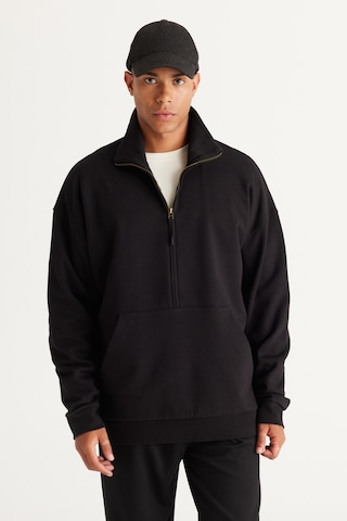 AC&Co / Altınyıldız Classics Erkek Sıyah Oversize Bol Kesim Bato Yaka Pamuklu Sweatshirt Siyah