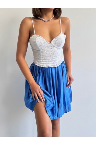 Kadın Modal Dokulu Piliseli Şortlu Mini Etek Mavi