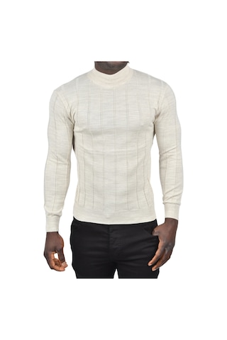 Deepsea Erkek Bej Slim Fit Likralı Tüylenme Yapmayan Yarım Balıkçı Çizgili Triko Yarım Boğazlı Kazak 2505503 Bej
