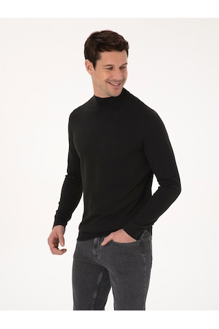 Cacharel Siyah Slim Fit Pamuk Karışımlı Yarım Balıkçı Yaka Basic Triko Kazak