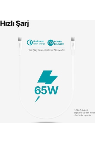 Usb-c - Usb-c 30cm 65w Pd/qc Hızlı Şarj/data Kablosu Beyaz Beyaz Renkli