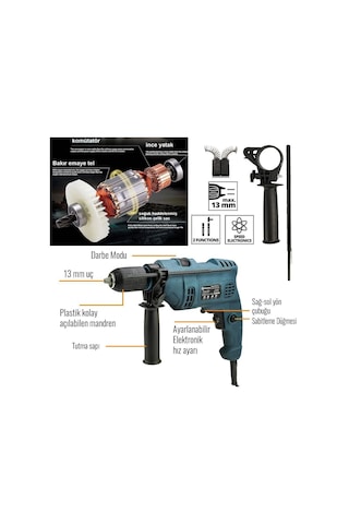 Prohummer Ph016 Elektrikli 13mm Darbeli Matkap Mavi