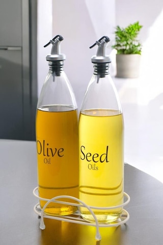 Digithome Aura 2'li Krem Metal Standlı Yağdanlık Seti Şeffaf Etiketli Cam Yağlık 1000 Cys-18 Krem