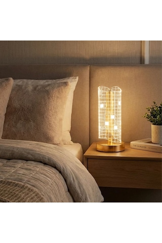 Dalgalı Silindirik Kristal Kareli Model Led Masa Lambası Gold Tabanlı, Dokunmatik, 3 Renk Işık Modlu, Şarjlı Modern Dekoratif Gece Lambası 5570 Beyaz
