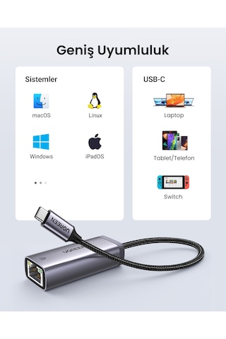Ugreen Usb Type-c To Ethernet Rj45 1 Gbps Dönüştürücü Adaptör, 40322