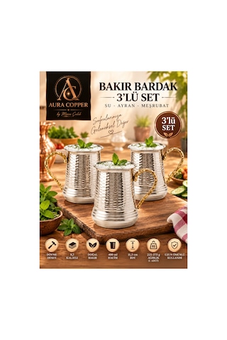 3 Adet: Kulplu Bakır Ayran Bardağı 400 Ml Dövme Desen İçi Kalaylı Gümüş Renk Su Meşrubat Bardağı Kupa - Bakır Bileklik Hediyedir Trs-0158