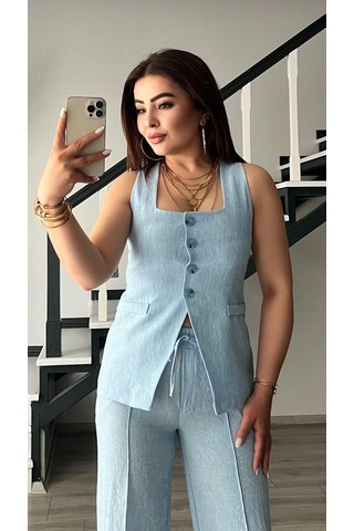 Bebe Mavi Kare Yaka Bağlama Detaylı Yelek - Pantolon Takım Bebe Mavi