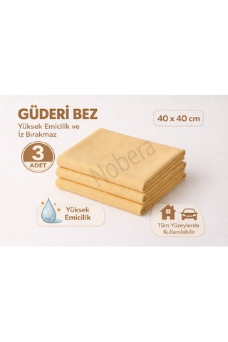 Nobera 3 Adet Güderi Bez 40x40 Cm 250 Gsm Yüksek Emicili Oto Araba Kurulama Ev Cam Silme İz Bırakmayan Temizlik Bezi Sarı