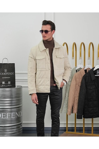 Modefendi Yüksek Kalite Desenli Yarım Oversize Nubuk Mont Krem